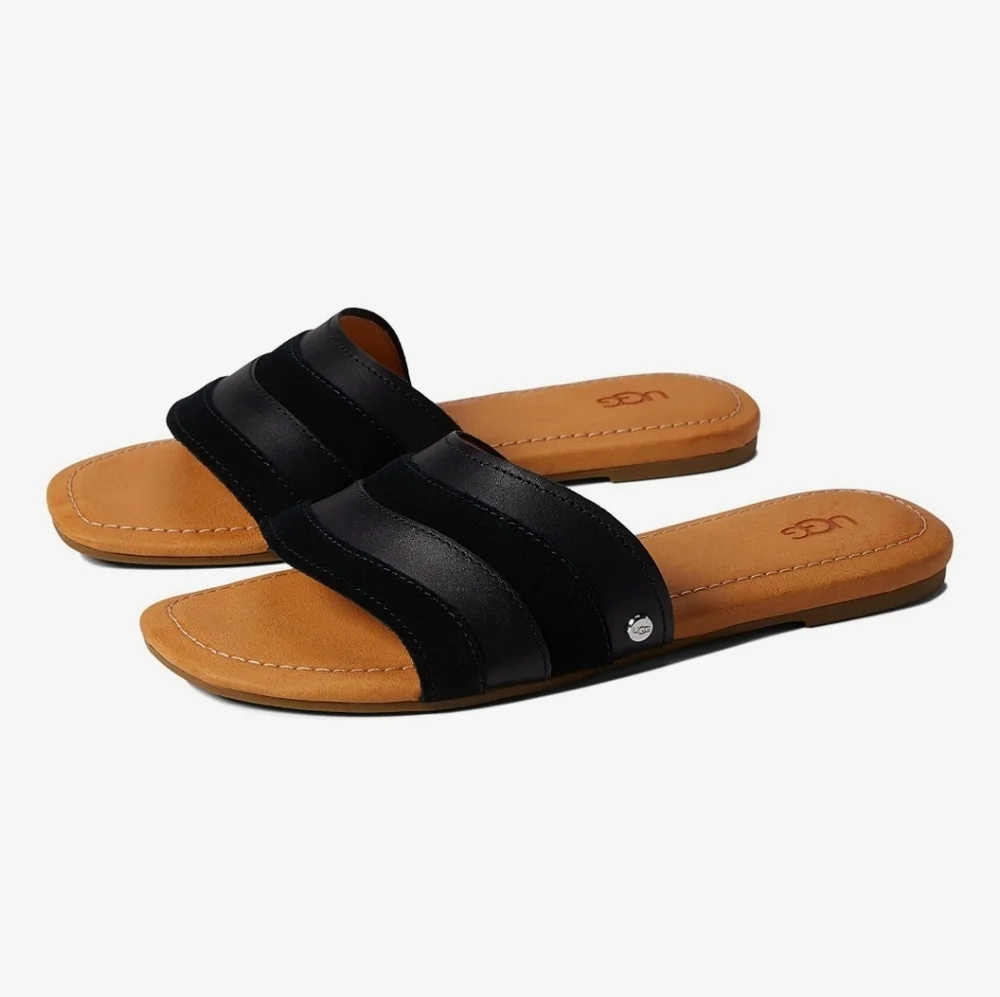 UGG Ximena Slip On Slide Sandals Black Leather